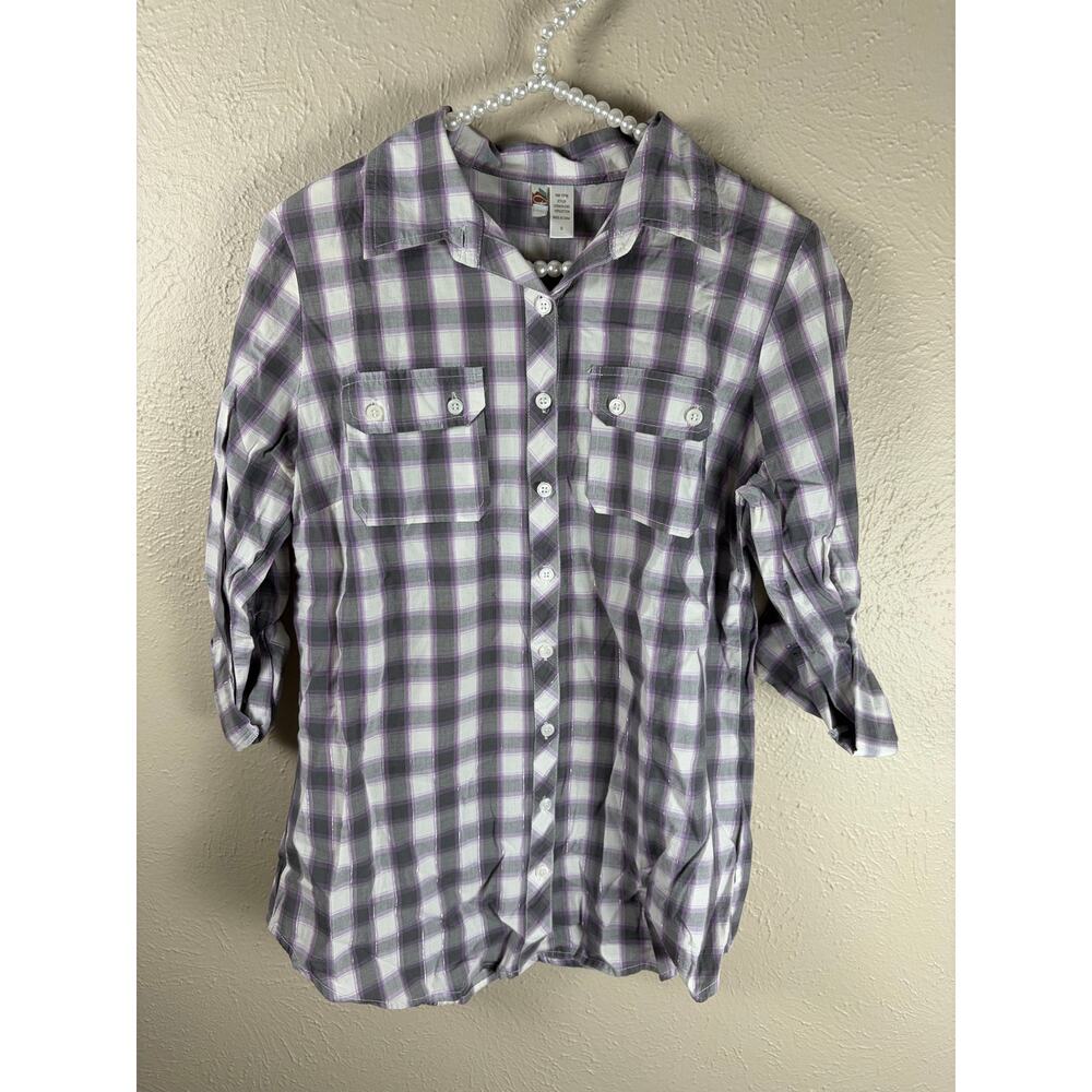 6 Degrees Plaid Top Size Small Cotton Button Front Roll Tab Sleeve Casual Shirt